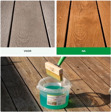 Osmo power gel met borstel   houtontgrijzer   vlonderhout reinigen   vlonderterras schoonmaken   hout ontgrijzen   vlonderplank 1
