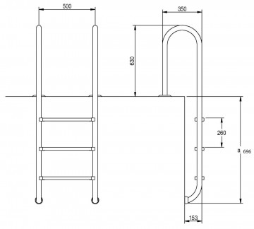 Rvs zwemtrap voor beschoeiing zonder flensen   maattekening 0