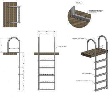 Rvs304 zwemtrap   steiger   geborstelde buis  5 treden   maattekening